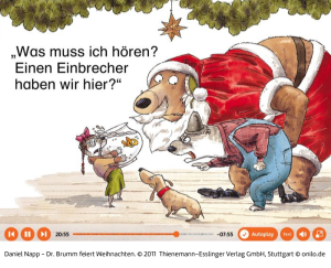 Dr. Brumm als Weihnachtsmann mit Tieren, die überrascht schauen. Text: "Was muss ich hören? Einen Einbrecher haben wir hier?", © Stadtbibliothek Sindelfingen