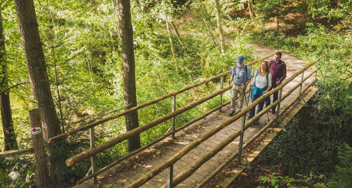 Drei Wanderer &uuml;berqueren eine Holzbr&uuml;cke im Herrenbachtal, umgeben von dichtem Wald und gr&uuml;nem Laub., &copy; Remstal Tourismus e.V., Bebop Media