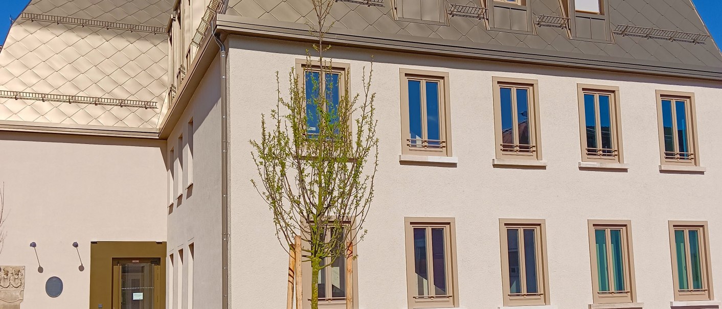 Das Hölderlinhaus zeigt eine moderne Fassade mit grauem Dach und weißen Wänden. Ein junger Baum steht im Vordergrund, blauer Himmel im Hintergrund., © Stadt Nürtingen