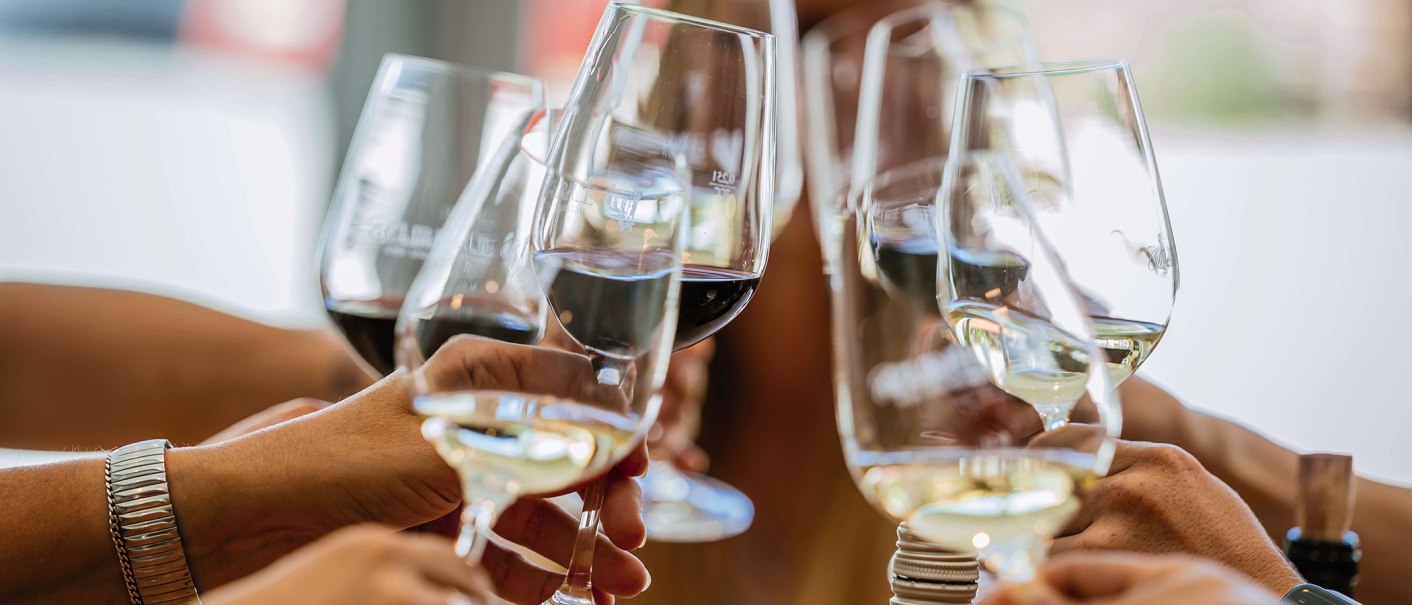 Mehrere Hände halten Weingläser und stoßen an. Die Gläser enthalten Rot- und Weißwein. Fröhliche Atmosphäre bei einer Weintour., © SMG, Thomas Niedermüller