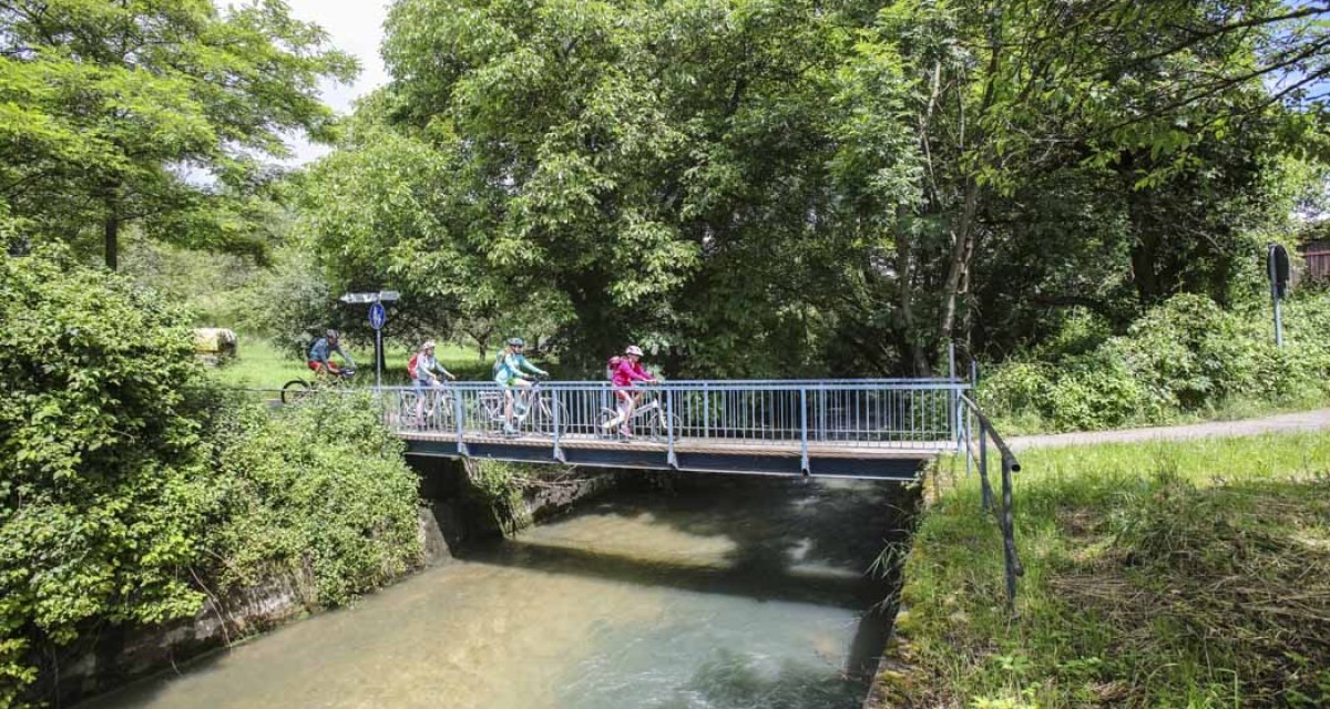 Radfahrer überqueren eine kleine Brücke über einen Fluss, umgeben von grünen Bäumen und Büschen., © Schwäbische Alb Tourismusverband e.V. Radfahrer überqueren eine kleine Brücke über einen Fluss, umgeben von grünen Bäumen und Büschen., © Schwäbische Alb Tourismusverband e.V.