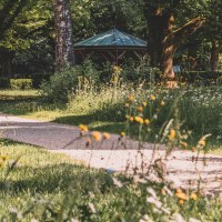 Ein sonniger Parkweg führt durch eine Wiese mit gelben Blumen, umgeben von Bäumen. Im Hintergrund ist ein Pavillon zu sehen., © Stadt Welzheim Ein sonniger Parkweg führt durch eine Wiese mit gelben Blumen, umgeben von Bäumen. Im Hintergrund ist ein Pavillon zu sehen., © Stadt Welzheim