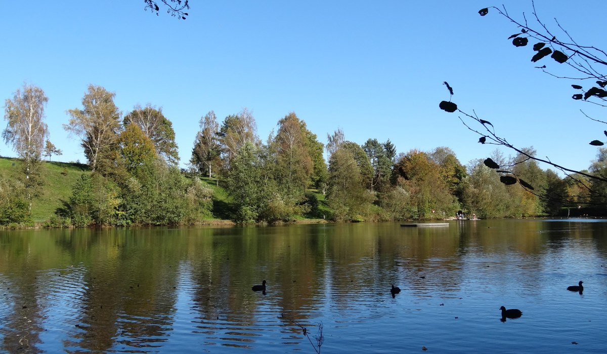 Ein See mit Enten und Bäumen im Hintergrund unter einem klaren blauen Himmel. Zweige ragen ins Bild., © Nürtingen - Stuttgart-Marketing GmbH Ein See mit Enten und Bäumen im Hintergrund unter einem klaren blauen Himmel. Zweige ragen ins Bild., © Nürtingen - Stuttgart-Marketing GmbH