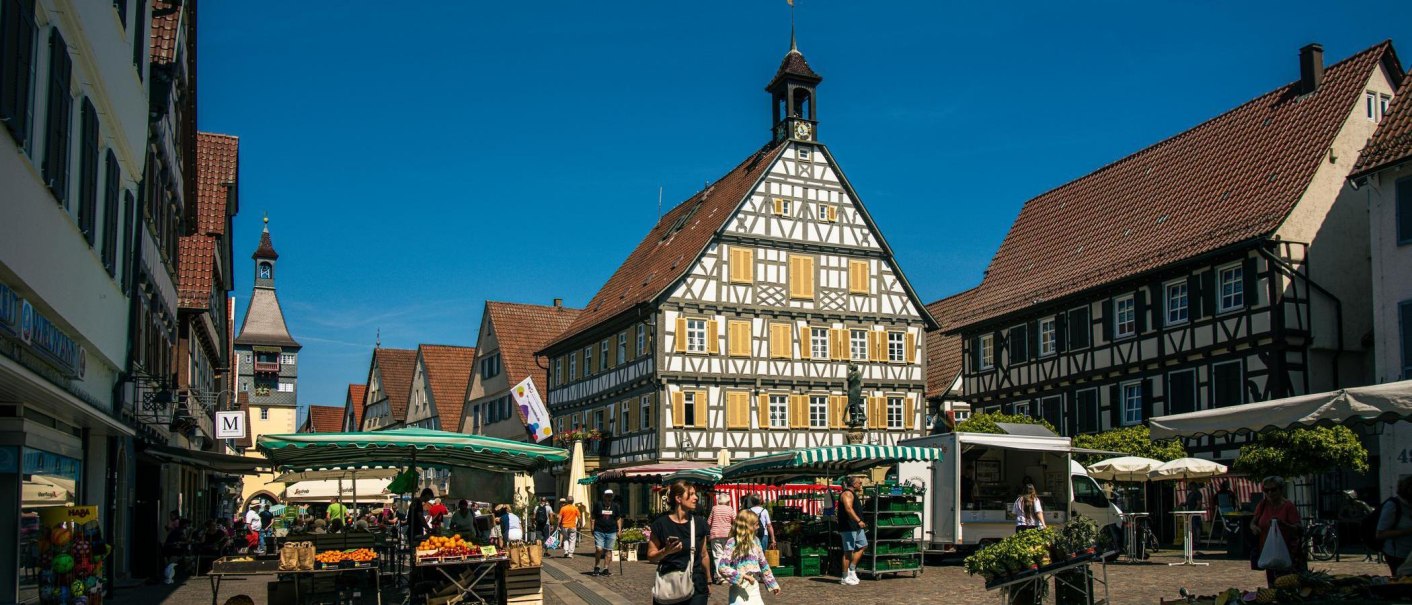 Der Marktplatz in Winnenden zeigt Fachwerkhäuser und Marktstände unter einem klaren blauen Himmel. Menschen schlendern und kaufen ein., © Stuttgart-Marketing GmbH, Sarah Schmid Der Marktplatz in Winnenden zeigt Fachwerkhäuser und Marktstände unter einem klaren blauen Himmel. Menschen schlendern und kaufen ein., © Stuttgart-Marketing GmbH, Sarah Schmid