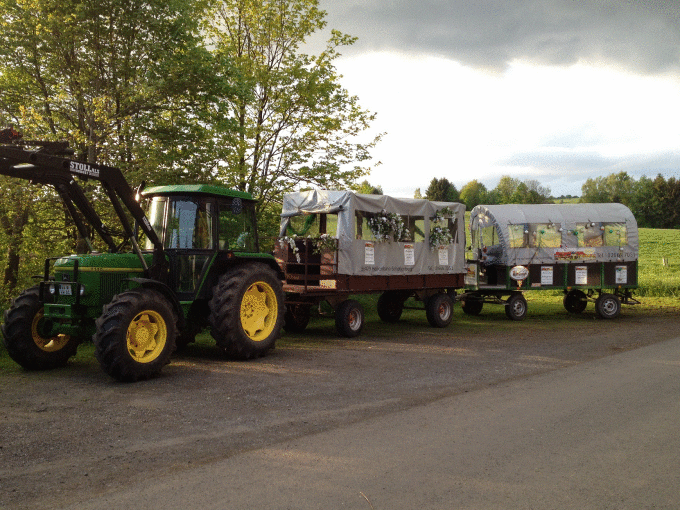 Ein gr&uuml;ner Traktor mit zwei &uuml;berdachten Anh&auml;ngern steht auf einem Feldweg, umgeben von B&auml;umen und Wiesen., &copy; Cool-Tours StattReisen