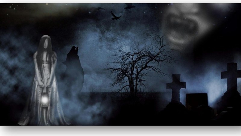 Eine geisterhafte Frau mit Laterne steht auf einem nebligen Friedhof. Kreuze und ein kahler Baum sind zu sehen, während ein schreiendes Gesicht im Hintergrund erscheint., © pixabay Eine geisterhafte Frau mit Laterne steht auf einem nebligen Friedhof. Kreuze und ein kahler Baum sind zu sehen, während ein schreiendes Gesicht im Hintergrund erscheint., © pixabay