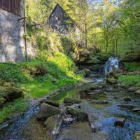 Eine alte Mühle im Wald, umgeben von üppigem Grün. Ein Bach fließt vorbei, mit einem kleinen Wasserfall im Hintergrund., © SMG, Achim Mende Eine alte Mühle im Wald, umgeben von üppigem Grün. Ein Bach fließt vorbei, mit einem kleinen Wasserfall im Hintergrund., © SMG, Achim Mende