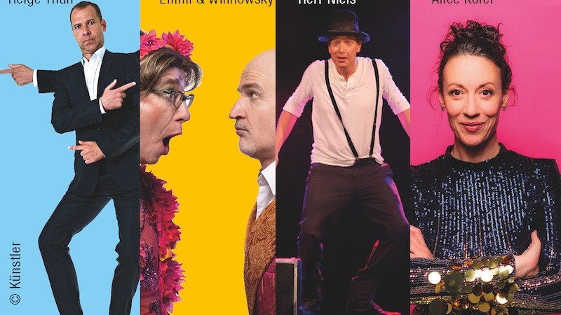 Plakat für das Comedy-Event 2027 mit vier Acts. Es zeigt Silhouetten von Künstlern und zwei Personen in bunten Outfits, die sich gegenüberstehen., © Stadthalle Leonberg Plakat für das Comedy-Event 2027 mit vier Acts. Es zeigt Silhouetten von Künstlern und zwei Personen in bunten Outfits, die sich gegenüberstehen., © Stadthalle Leonberg
