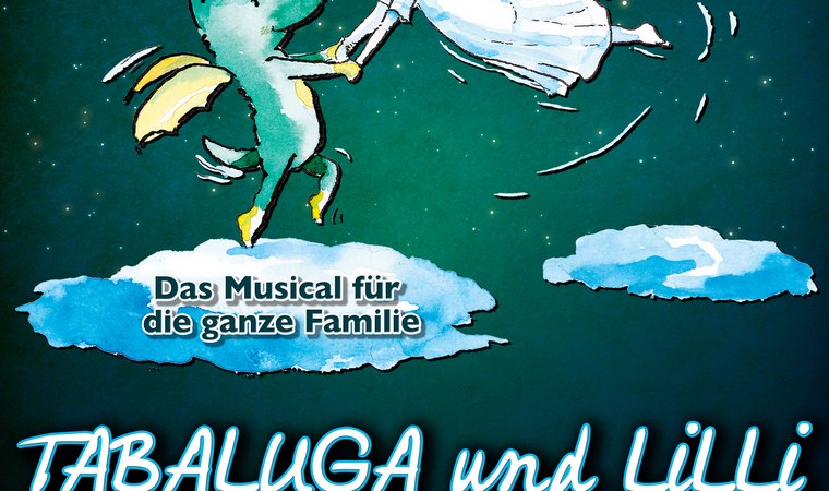 Tabaluga und Lilli fliegen über Wolken. Text: 'Das Musical für die ganze Familie'. Präsentiert von why not!? events + kommunikation., © Whynot Events UG Tabaluga und Lilli fliegen über Wolken. Text: 'Das Musical für die ganze Familie'. Präsentiert von why not!? events + kommunikation., © Whynot Events UG