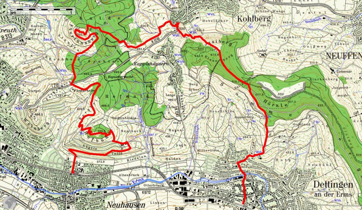 Topografische Karte zeigt eine markierte Route von Neuhausen nach Dettingen, durch Wälder und Hügel. Die Route ist rot hervorgehoben. Topografische Karte zeigt eine markierte Route von Neuhausen nach Dettingen, durch Wälder und Hügel. Die Route ist rot hervorgehoben.