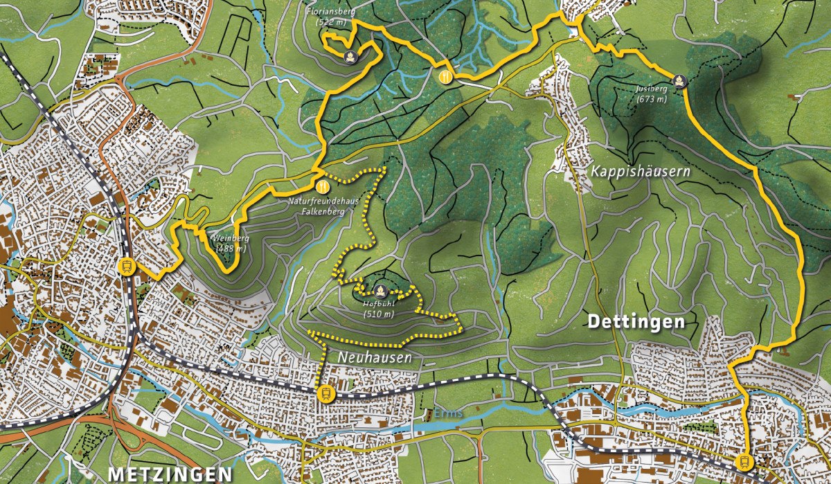 Karte von Metzingen und Umgebung mit markierten Wanderwegen, Ortschaften wie Kohlberg, Kappishäusern und Dettingen, sowie Höhenangaben und Naturfreundehäusern.