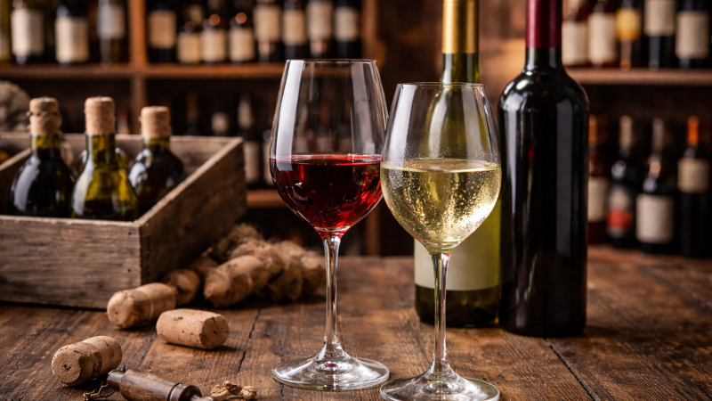 Weingl&auml;ser und Flaschen in einer Weinhandlung, &copy; KI-generiertes Bild