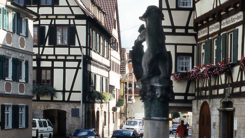 Ein malerischer Marktplatz mit Fachwerkhäusern und einem Brunnen, umgeben von roten Blumen. Autos parken entlang der Straße., © Stadt Wiesensteig Ein malerischer Marktplatz mit Fachwerkhäusern und einem Brunnen, umgeben von roten Blumen. Autos parken entlang der Straße., © Stadt Wiesensteig