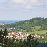 Blick auf die Ruine Rechberg auf einem bewaldeten Hügel, umgeben von einem Dorf mit roten Dächern und grünen Feldern., © Foto: Frieder Kopper