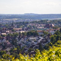 Blick von der Aussichtsplattform Lug auf eine Stadt mit vielen Häusern, umgeben von grüner Landschaft und Hügeln im Hintergrund., © SMG, Achim Mende