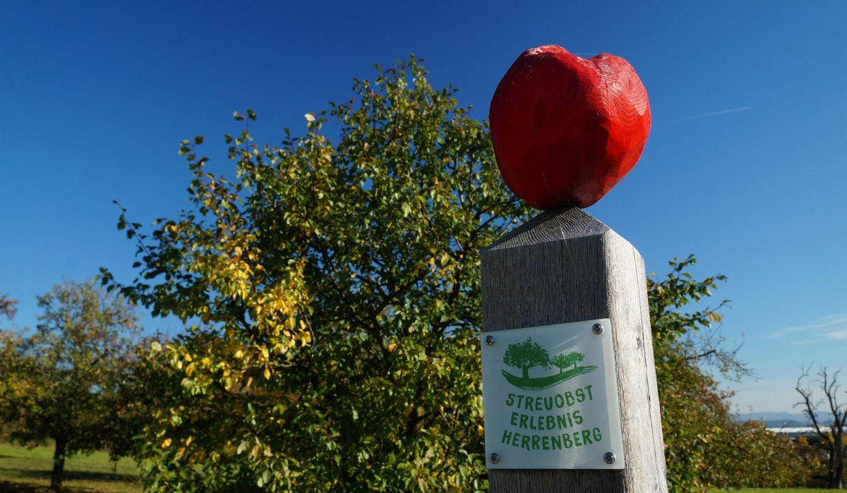 Holzpfosten mit rotem Apfel und Schild 'Streuobst Erlebnis Herrenberg' vor blauem Himmel und Bäumen., © Natur.Nah. Schönbuch & Heckengäu