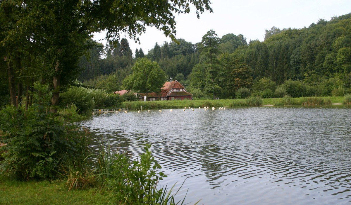 Ein idyllischer See mit einem Fachwerkhaus im Hintergrund, umgeben von üppiger Vegetation und Bäumen., © Touristikgemeinschaft Hohenlohe e. V. | Susanne Schleussner