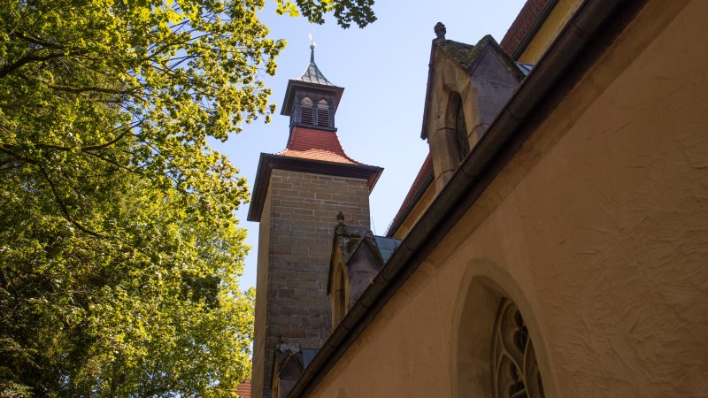 Blick auf den Turm der Schlosskirche Winnenden, umgeben von gr&uuml;nen B&auml;umen und blauem Himmel., &copy; SMG Achim Mende