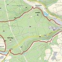 Karte von Waldenbuch mit einer rot markierten Wanderroute durch Wälder und Felder, vorbei an Seen und Hügeln., © Natur.Nah. Schönbuch & Heckengäu