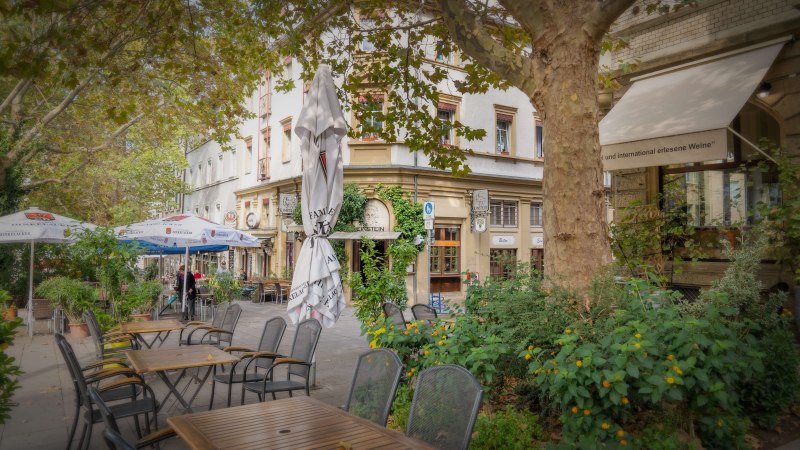Ein Bistro am Wilhelmsplatz mit leeren Tischen und Stühlen im Freien, umgeben von grünen Pflanzen und Bäumen., © Martina Denker