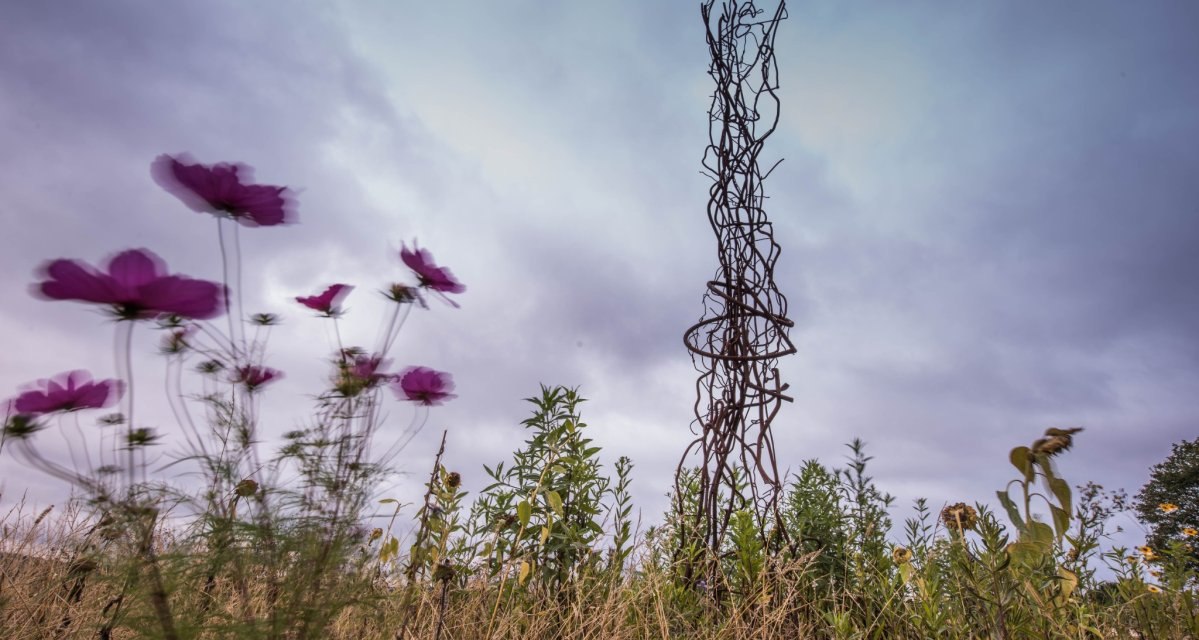Ein Kunstwerk aus verdrehten Metallstäben erhebt sich in die Höhe, umgeben von wilden Blumen und Gras. Der Himmel ist bewölkt und dramatisch., © Natur.Nah. Schönbuch & Heckengäu Ein Kunstwerk aus verdrehten Metallstäben erhebt sich in die Höhe, umgeben von wilden Blumen und Gras. Der Himmel ist bewölkt und dramatisch., © Natur.Nah. Schönbuch & Heckengäu
