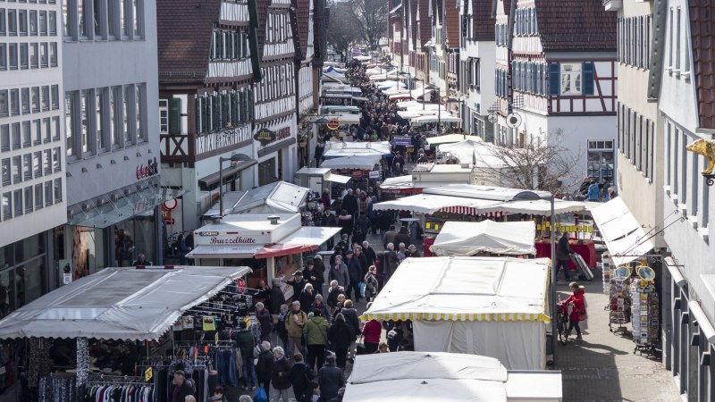 An jedem ersten Montag im Monat wird die Fu&szlig;g&auml;ngerzone in Kirchheim unter Teck zur Verkaufsfl&auml;che f&uuml;r rund 100 Markth&auml;ndler, die dort ihre Waren anbieten., &copy; Torsten Wenzler, Berge im Licht