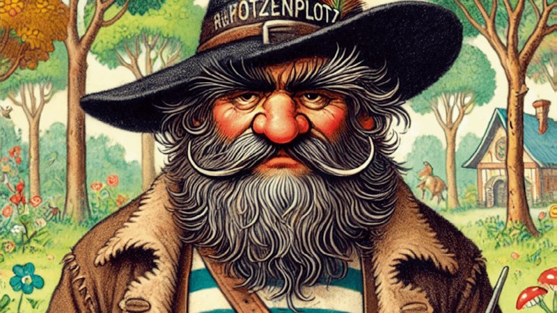 Illustration von R&auml;uber Hotzenplotz mit gro&szlig;em Hut und Bart im Wald. Ein Vogel fliegt, ein Haus ist im Hintergrund sichtbar., &copy; Stadt Kornwestheim Kulturmanagement