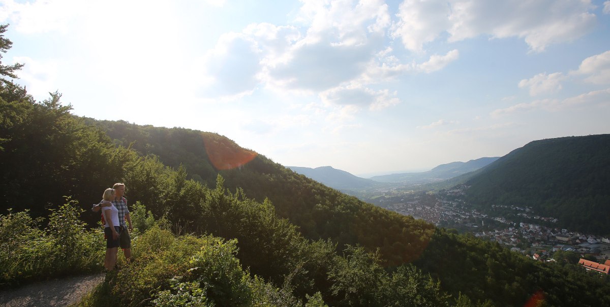 Zwei Personen stehen auf einem bewaldeten Hügel und blicken ins Tal, wo eine Stadt liegt. Der Himmel ist leicht bewölkt und sonnig., © Bad Urach Tourismus