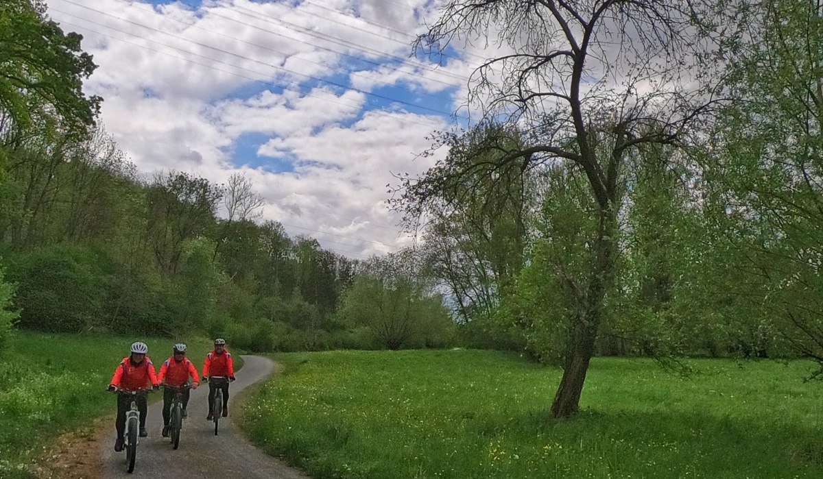Drei Radfahrer in roten Jacken fahren auf einem schmalen Weg durch eine grüne, bewaldete Landschaft unter einem bewölkten Himmel., © Land der 1000 Hügel - Kraichgau-Stromberg Drei Radfahrer in roten Jacken fahren auf einem schmalen Weg durch eine grüne, bewaldete Landschaft unter einem bewölkten Himmel., © Land der 1000 Hügel - Kraichgau-Stromberg