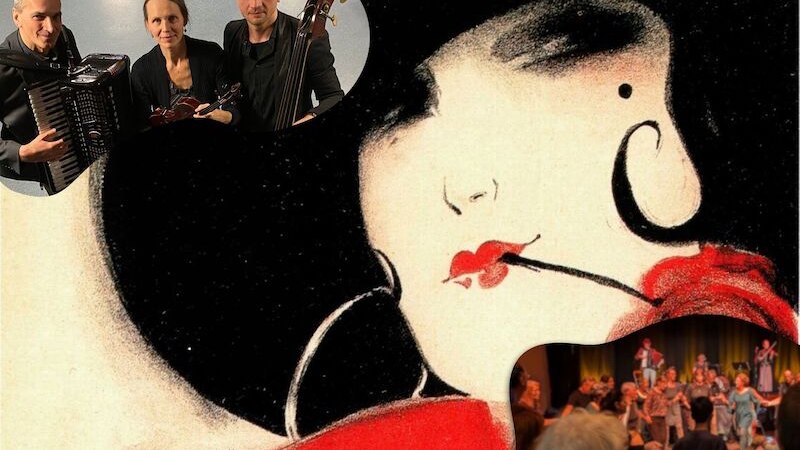Illustration einer Frau mit Hut und roten Lippen. Oben links Musiker mit Instrumenten, unten rechts tanzende Menschen in einem Saal., © Kulturhaus Schwanen