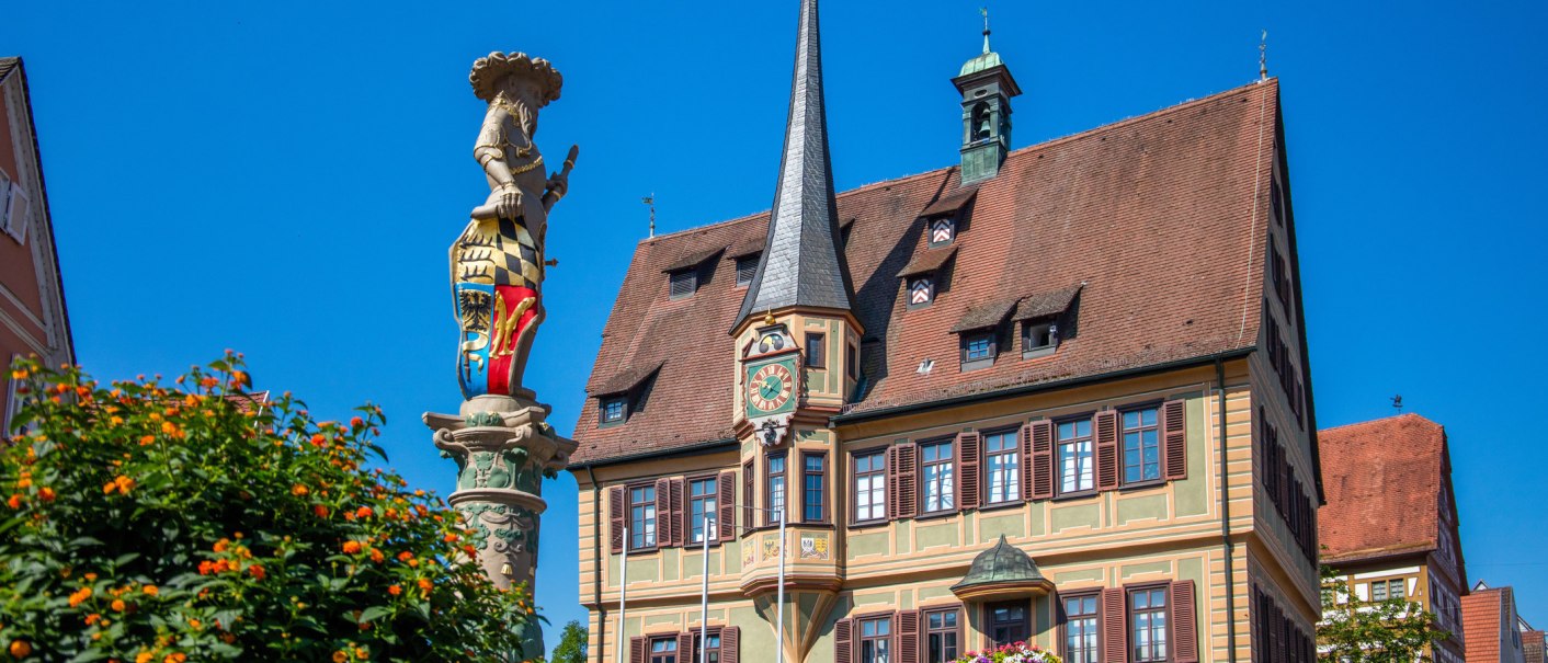 Historisches Gebäude mit Turm und Uhr in Bietigheim-Bissingen. Eine bunte Statue steht im Vordergrund, umgeben von blühenden Pflanzen., © SMG, Achim Mende Historisches Gebäude mit Turm und Uhr in Bietigheim-Bissingen. Eine bunte Statue steht im Vordergrund, umgeben von blühenden Pflanzen., © SMG, Achim Mende