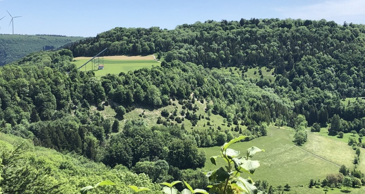 Grüne Hügel und Wälder mit Sprungschanzen in Degenfeld, gesehen vom Aussichtspunkt Kuhberg. Windräder im Hintergrund., © Touristik und Marketing GmbH Grüne Hügel und Wälder mit Sprungschanzen in Degenfeld, gesehen vom Aussichtspunkt Kuhberg. Windräder im Hintergrund., © Touristik und Marketing GmbH