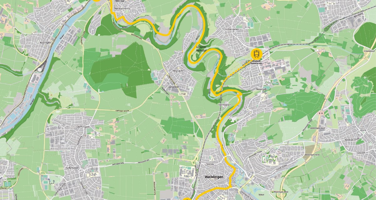 Karte von Waiblingen und Umgebung mit markierten Buslinien und Haltestellen. Die Route verläuft entlang des Flusses durch mehrere Stadtteile.