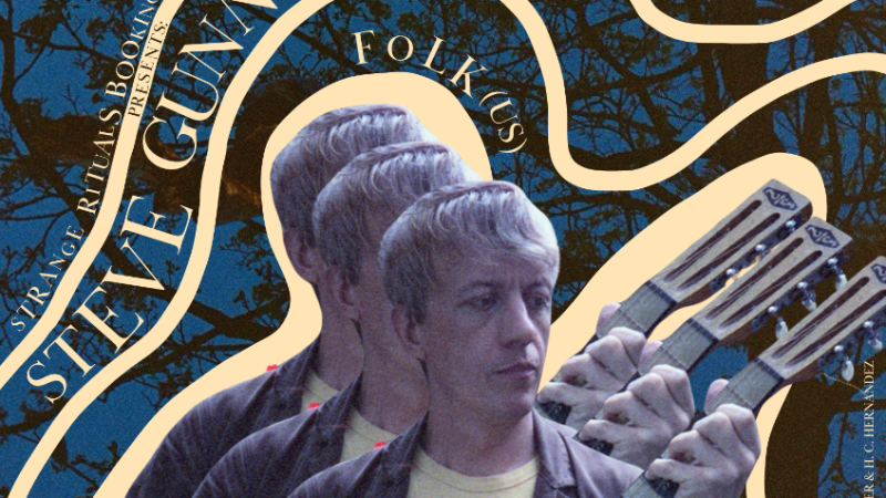 Collage von Steve Gunn mit mehrfacher Darstellung und Gitarrenh&auml;lsen vor einem blauen Hintergrund mit B&auml;umen. Text: "Steve Gunn Folk (US)"., &copy; Kulturzentrum Dieselstrasse