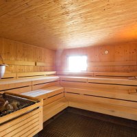 Holzverkleidete Sauna mit Bänken und einem Ofen mit Steinen, warmes Licht und kleines Fenster., © ARAMIS Hotel & Freizeit GmbH