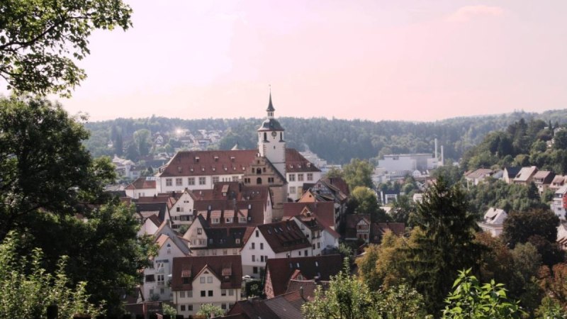 Malerische Stadtansicht mit einem zentralen Gebäude mit Turm, umgeben von roten Dächern, Bäumen und Hügeln im Hintergrund., © Natur.Nah. Schönbuch & Heckengäu Malerische Stadtansicht mit einem zentralen Gebäude mit Turm, umgeben von roten Dächern, Bäumen und Hügeln im Hintergrund., © Natur.Nah. Schönbuch & Heckengäu