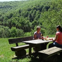 Zwei Personen sitzen an einem Holztisch auf einer grünen Wiese, umgeben von Wald. Sie genießen ein Picknick bei sonnigem Wetter., © Kurverwaltung Beuren, Kaplan
