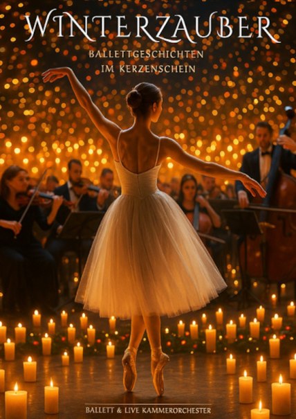 Eine Ballerina tanzt im Kerzenschein vor einem Orchester. Der Hintergrund ist mit warmen Lichtern geschmückt. Titel: Winterzauber., © DE.Light Events UG