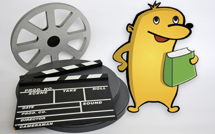 Filmrolle und Klappe neben einer gelben Cartoon-Figur, die ein grünes Buch hält. Kombination von Kino und Literatur., © Stadtbibliothek Sindelfingen Filmrolle und Klappe neben einer gelben Cartoon-Figur, die ein grünes Buch hält. Kombination von Kino und Literatur., © Stadtbibliothek Sindelfingen