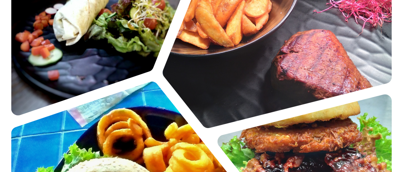 Collage von Gerichten: Wrap mit Salat, Steak mit Kartoffelecken, Burger mit Salat und Pommes. Der Burger hat "Corners" auf dem Br&ouml;tchen., &copy; Corners Sindelfingen