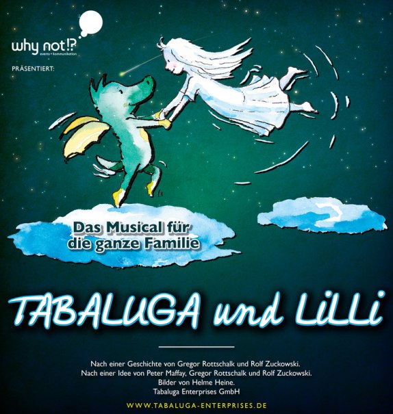 Tabaluga und Lilli fliegen über Wolken. Text: 'Das Musical für die ganze Familie'. Präsentiert von why not!? events + kommunikation., © Whynot Events UG Tabaluga und Lilli fliegen über Wolken. Text: 'Das Musical für die ganze Familie'. Präsentiert von why not!? events + kommunikation., © Whynot Events UG