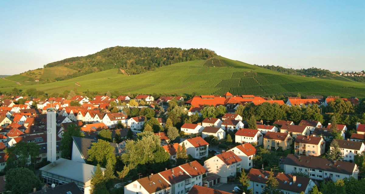 Blick auf Fellbach mit roten Dächern und grünen Weinbergen im Hintergrund bei klarem Himmel. Blick auf Fellbach mit roten Dächern und grünen Weinbergen im Hintergrund bei klarem Himmel.