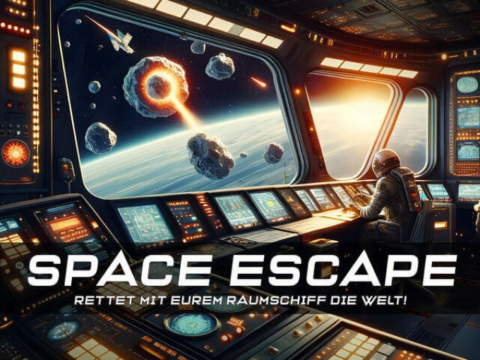 Ein Astronaut im Raumschiff-Cockpit beobachtet Asteroiden und eine Explosion im Weltraum. Text: 'SPACE ESCAPE - Rettet mit eurem Raumschiff die Welt!', © TeamEscape Stuttgart