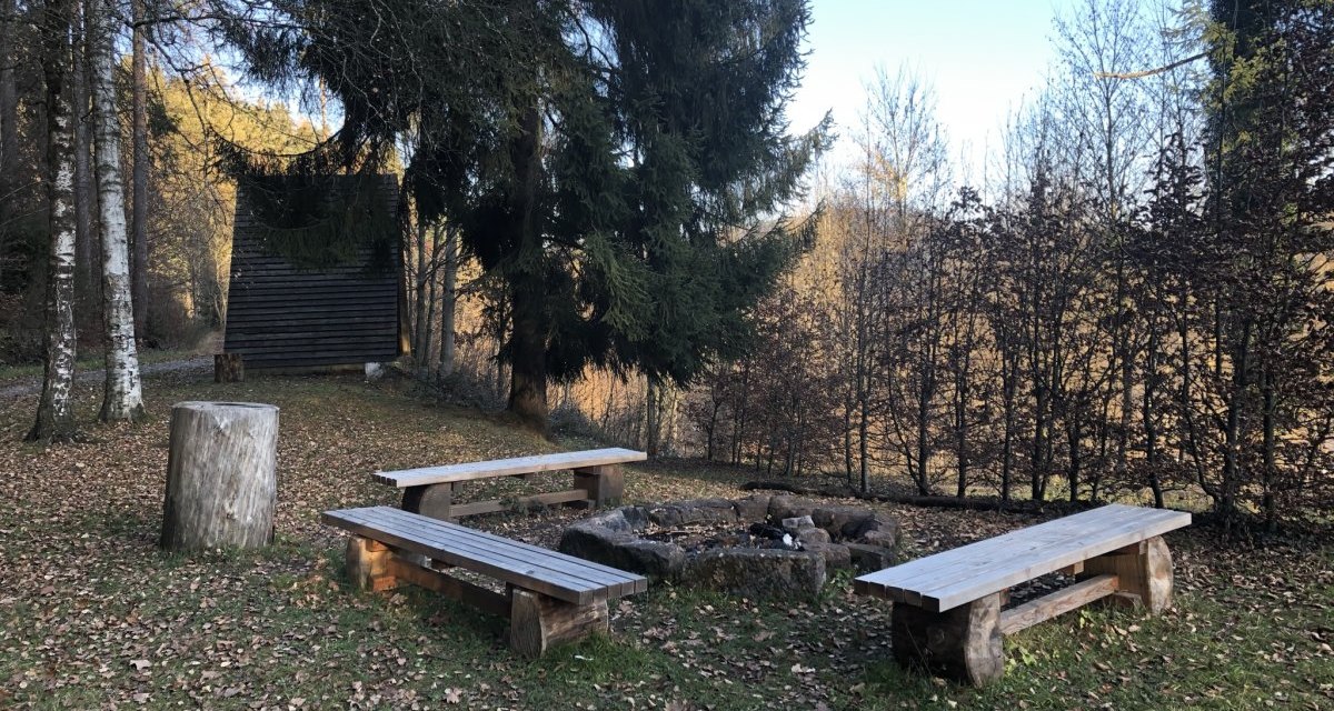 Grillplatz im Wald mit Holzb&auml;nken und Baumstumpf, umgeben von B&auml;umen und Laub., &copy; N&ouml;rdlicher Schwarzwald