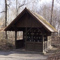 Kleine Holzkappelle im Wald mit bunten Glasfenstern und moosbedecktem Dach, umgeben von kahlen Bäumen.