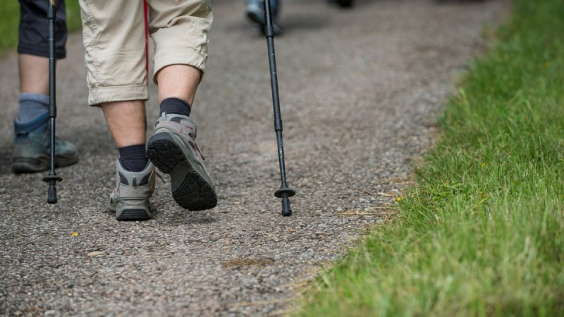 Zwei Personen wandern mit Trekkingstöcken auf einem Kiesweg, umgeben von Gras. Sie tragen Wanderschuhe und bequeme Kleidung., © Stadt Schorndorf Zwei Personen wandern mit Trekkingstöcken auf einem Kiesweg, umgeben von Gras. Sie tragen Wanderschuhe und bequeme Kleidung., © Stadt Schorndorf