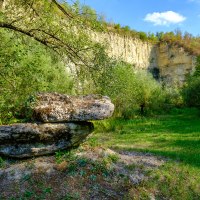 Ein grüner Steinbruch mit üppiger Vegetation, Felsen und Bäumen unter einem klaren blauen Himmel. Ein grüner Steinbruch mit üppiger Vegetation, Felsen und Bäumen unter einem klaren blauen Himmel.
