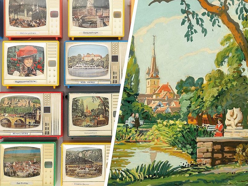 Geteilte Ansicht: links historische Plastiskope (Souvenirartikel aus Baden-W&uuml;rttemberg, 1950&ndash;1970), Kulturgeschichtliche Sammlung; rechts: Otto Hofer-Bach, Stadtpark Kornwestheim, o. J., Tempera auf Papier, 28,5 &times; 41,4 cm. Foto: Stadt Kornwestheim., &copy; Stadt Kornwestheim