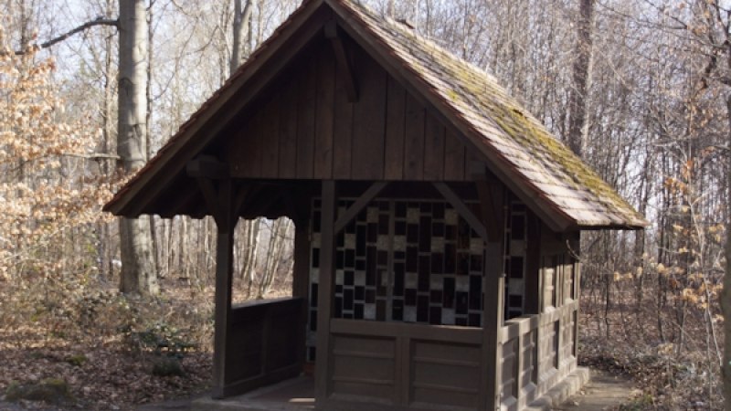 Kleine Holzkappelle im Wald mit bunten Glasfenstern und moosbedecktem Dach, umgeben von kahlen Bäumen. Kleine Holzkappelle im Wald mit bunten Glasfenstern und moosbedecktem Dach, umgeben von kahlen Bäumen.