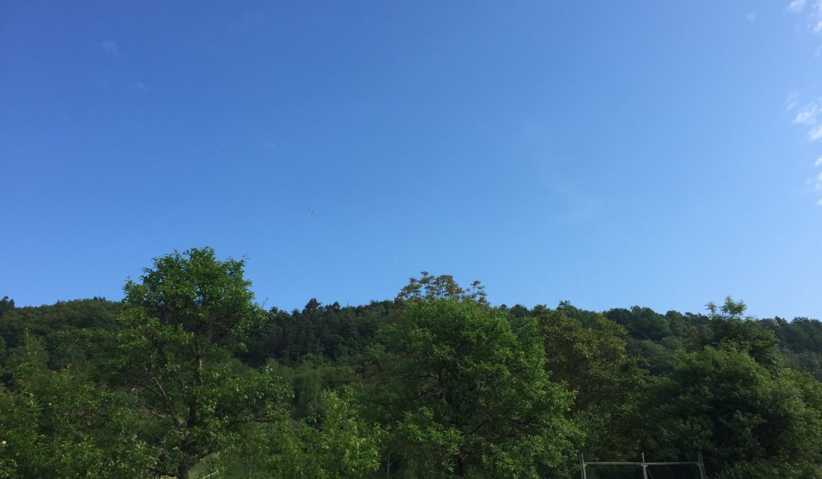 Ein kleines Flugzeug am blauen Himmel über einer grünen Landschaft mit Bäumen., © www.pro-cycl.de Ein kleines Flugzeug am blauen Himmel über einer grünen Landschaft mit Bäumen., © www.pro-cycl.de